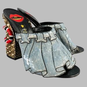 GUCCI Size 8 Trompe L'oeil Blue Red Gold Beaded Mules Sandals